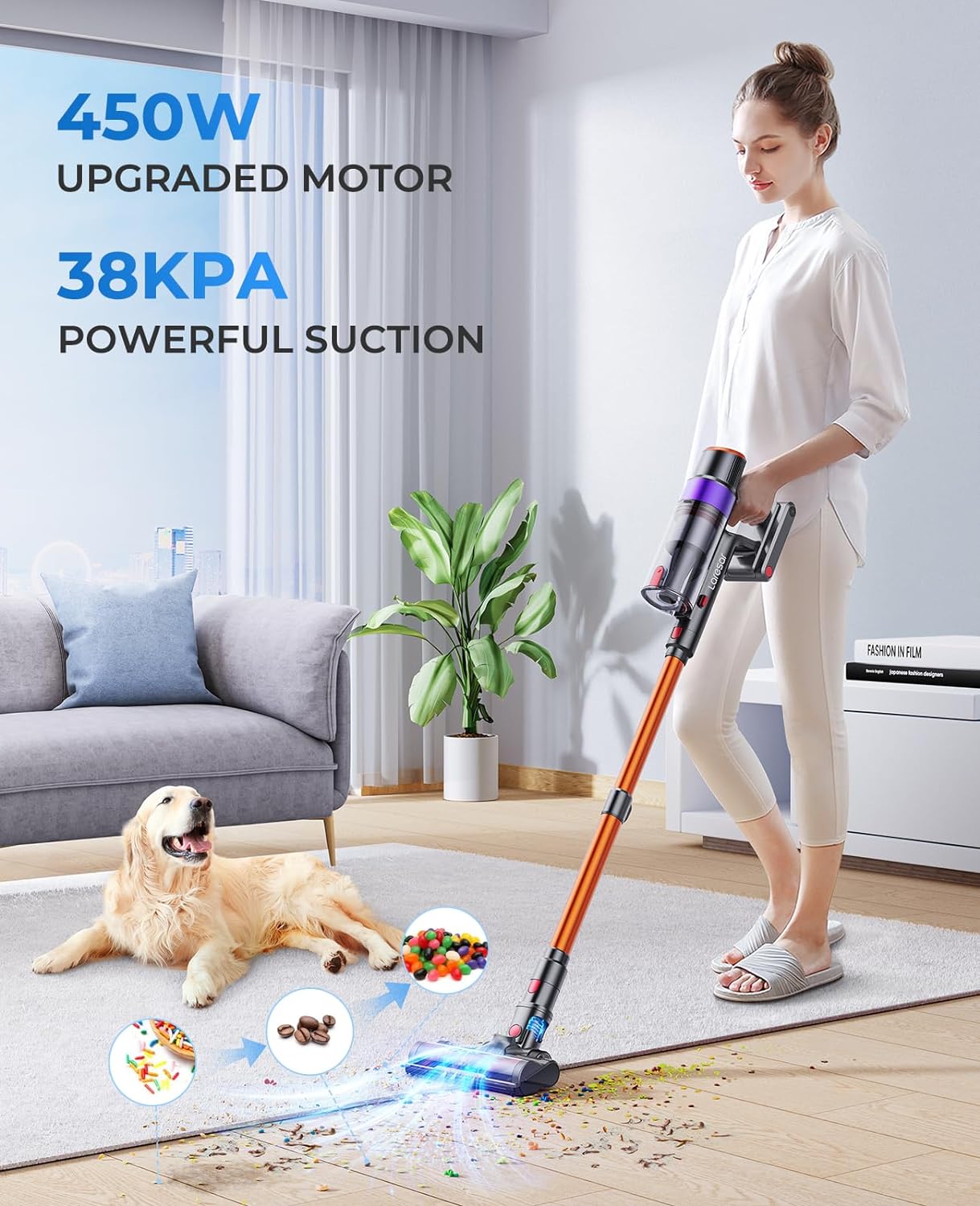 Laresar E8 Cordless Vacuum Cleaner for Home, 38000Pa 450W Powerful Stick Vacuum, Touch Screen, 55 Mins Detachable Battery, 3-Speed Adjustment, Lightweight Handheld Vacuum, Hardhood Floor/Carpet/Pet Hair