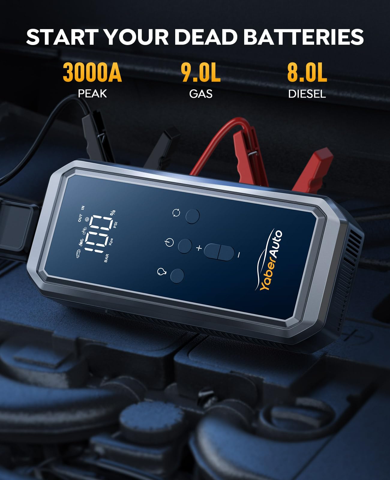 YaberAuto 3000A Peak Car Jump Starter, 21800mAh Portable Battery Booster with 150PSI Air Compressor, 12V Jump Box for 9.0L Gas/8.0L Diesel, LCD Display & LED Light