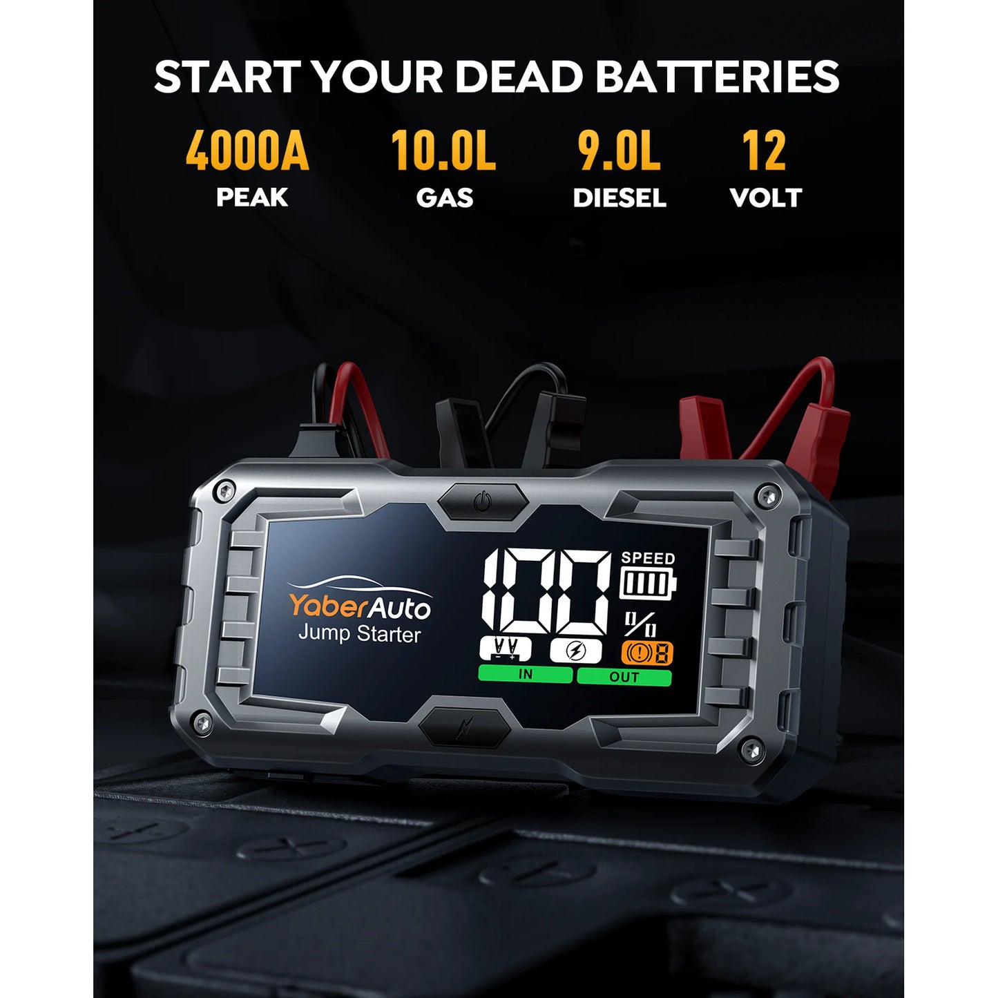 YaberAuto Car jump starter 4000A 21800mAh(for 10L Gas/9L Diesel) Powerful Portable Jump Box with Fast Charge, Extended Cables, 450 Lumens Light