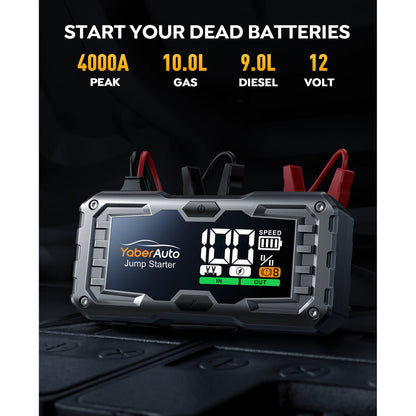 YaberAuto Car jump starter 4000A 21800mAh(for 10L Gas/9L Diesel) Powerful Portable Jump Box with Fast Charge, Extended Cables, 450 Lumens Light