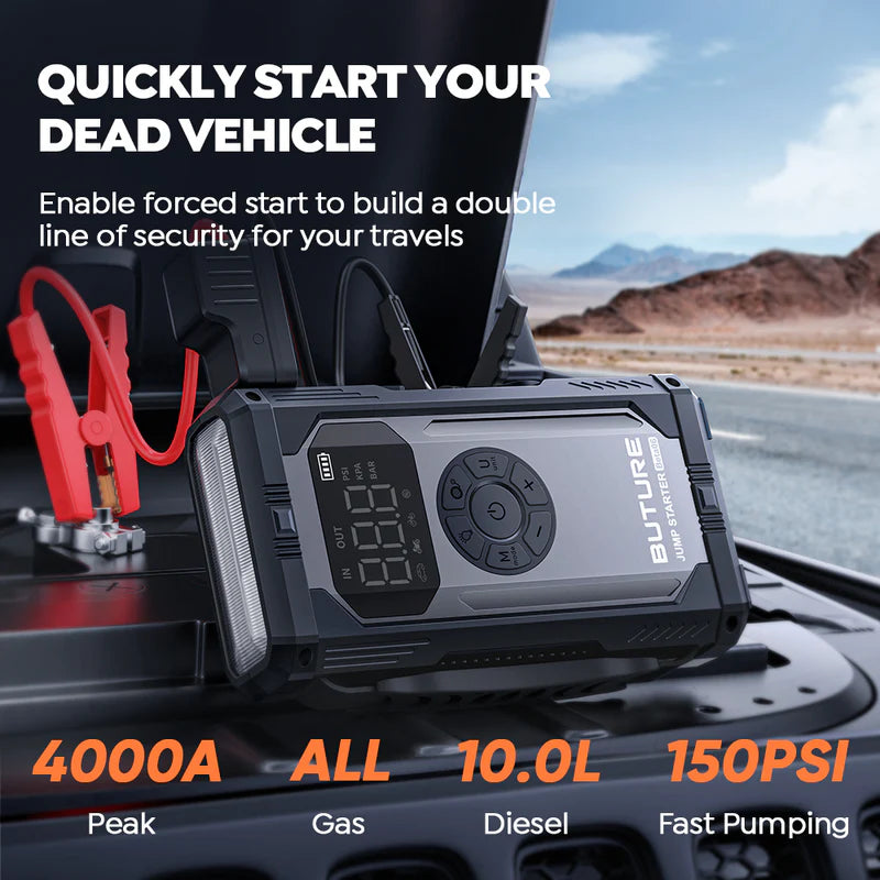 BUTURE Portable Car Jump Starter with Air Compressor, 150PSI 4000A Car Battery Jump Starter (All Gas/10L Diesel), 12V Jump Box Car Battery Jumper Starter Portable with LCD Display, Lights
