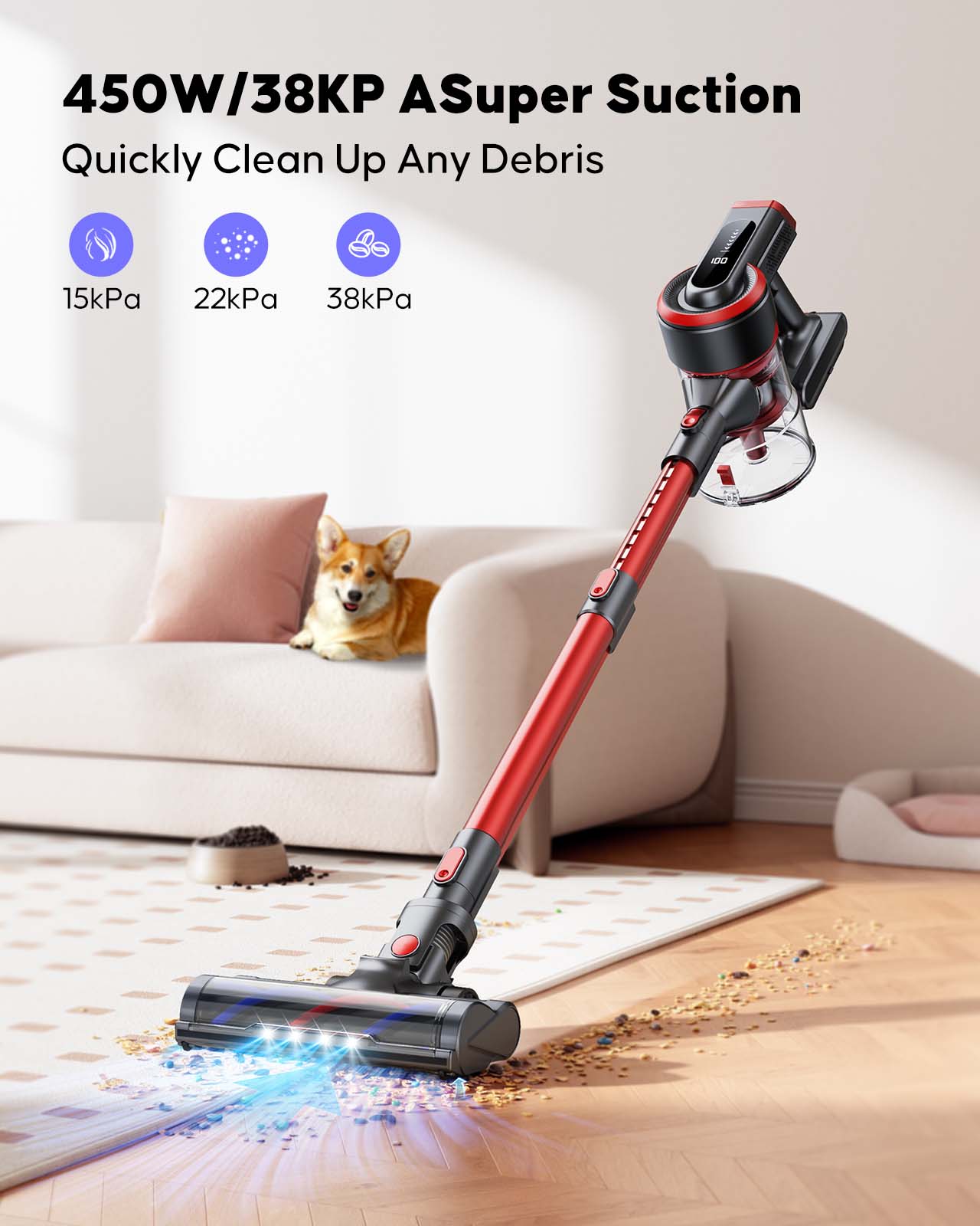 Wlupel H8S Cordless Vacuum Cleaner, 38Kpa 450W Lightweight Stick Vacuum Cleaner, 55 mins Runtime, LED Touch Screen for Pet Hair Carpet Floors