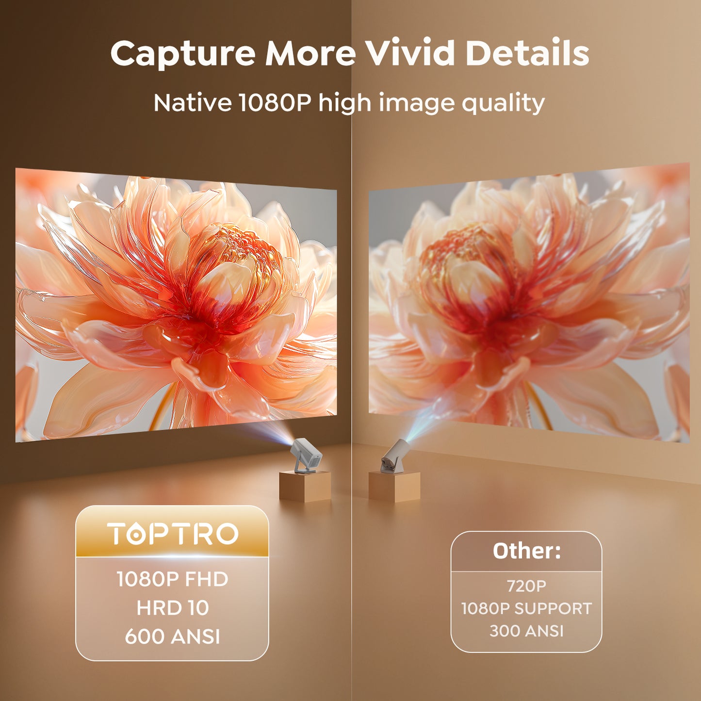 TOPTRO Smart Projector, Netflix Officially Licensed with Built-in Streaming Apps, Native 1080P Support 4K, Dolby Audio, Wi-Fi 6 & Bluetooth, Auto Focus & Keystone, 360° Rotatable Stand