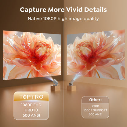TOPTRO Smart Projector, Netflix Officially Licensed with Built-in Streaming Apps, Native 1080P Support 4K, Dolby Audio, Wi-Fi 6 & Bluetooth, Auto Focus & Keystone, 360° Rotatable Stand