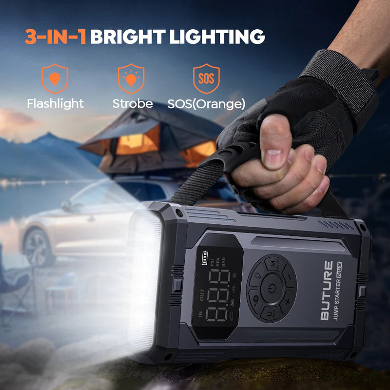 BUTURE Portable Car Jump Starter with Air Compressor, 150PSI 4000A Car Battery Jump Starter (All Gas/10L Diesel), 12V Jump Box Car Battery Jumper Starter Portable with LCD Display, Lights
