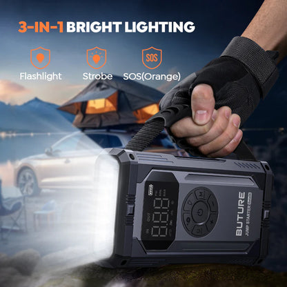 BUTURE Portable Car Jump Starter with Air Compressor, 150PSI 4000A Car Battery Jump Starter (All Gas/10L Diesel), 12V Jump Box Car Battery Jumper Starter Portable with LCD Display, Lights