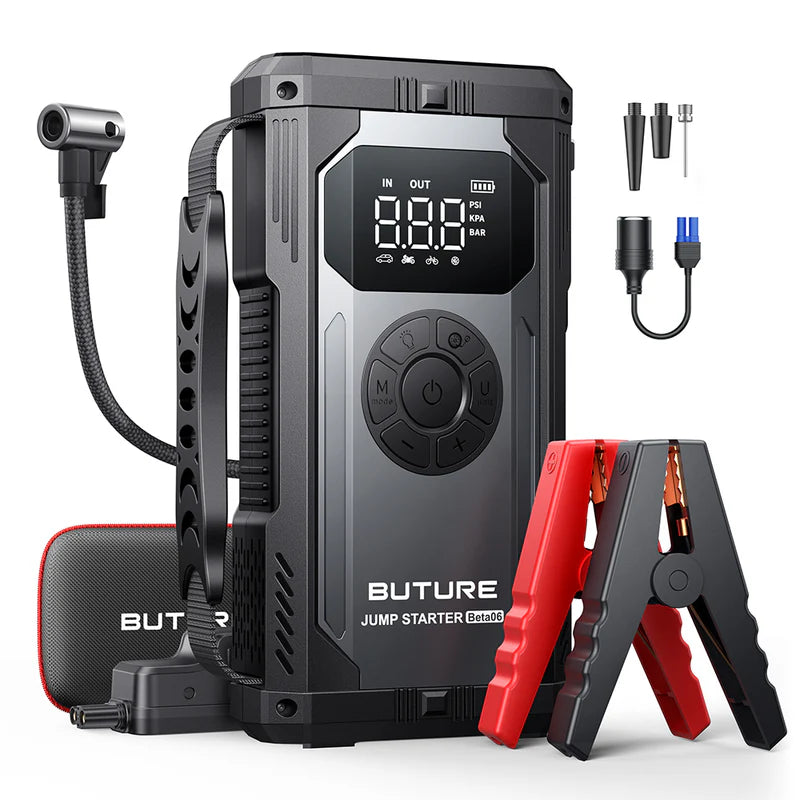 BUTURE Portable Car Jump Starter with Air Compressor, 150PSI 4000A Car Battery Jump Starter (All Gas/10L Diesel), 12V Jump Box Car Battery Jumper Starter Portable with LCD Display, Lights
