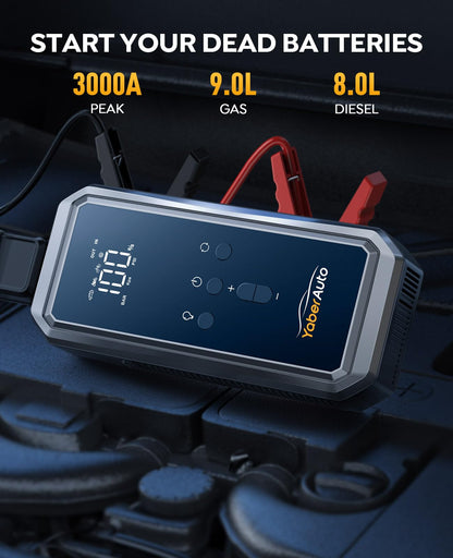 YaberAuto 3000A Peak Car Jump Starter, 21800mAh Portable Battery Booster with 150PSI Air Compressor, 12V Jump Box for 9.0L Gas/8.0L Diesel, LCD Display & LED Light