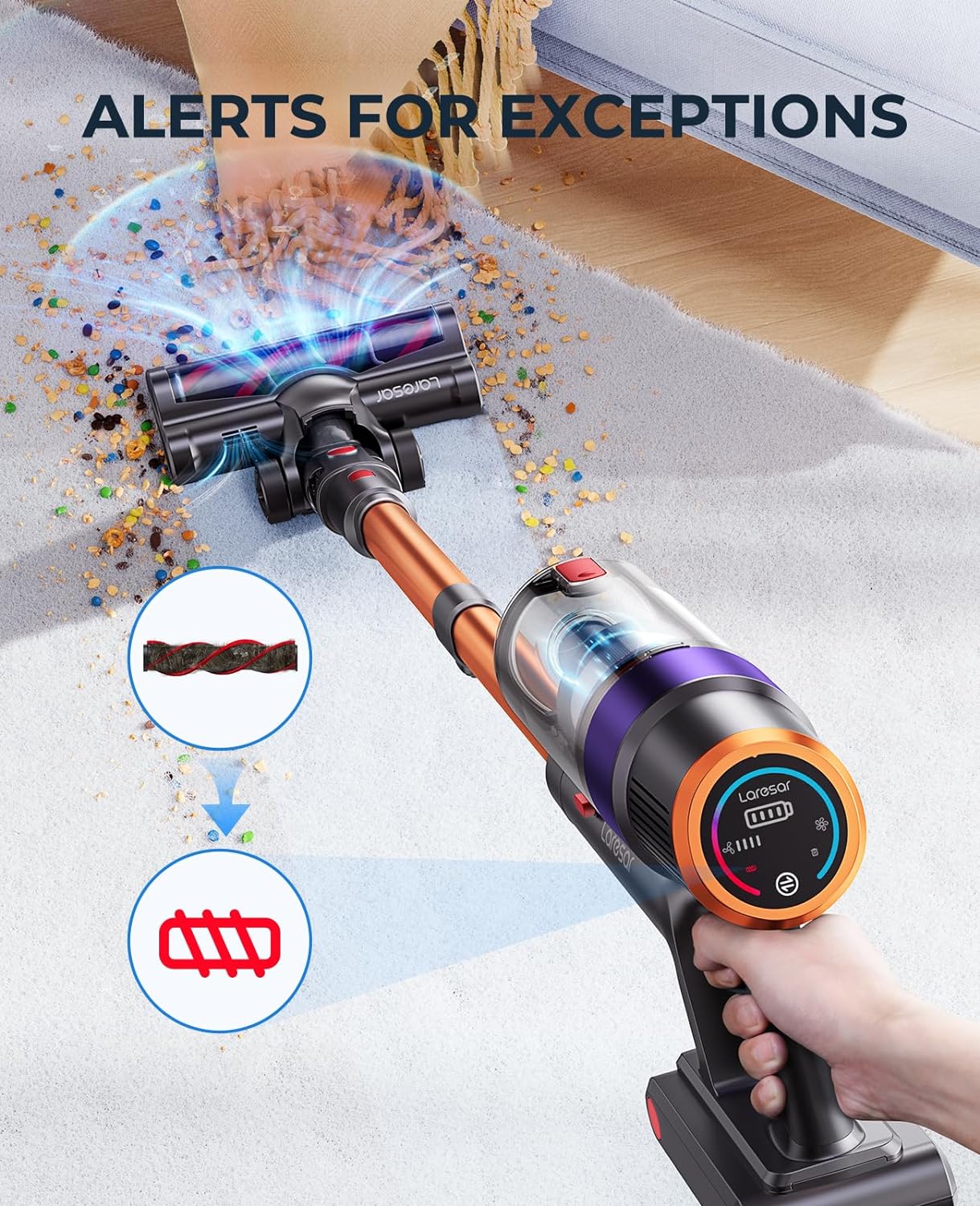 Laresar E8 Cordless Vacuum Cleaner for Home, 38000Pa 450W Powerful Stick Vacuum, Touch Screen, 55 Mins Detachable Battery, 3-Speed Adjustment, Lightweight Handheld Vacuum, Hardhood Floor/Carpet/Pet Hair
