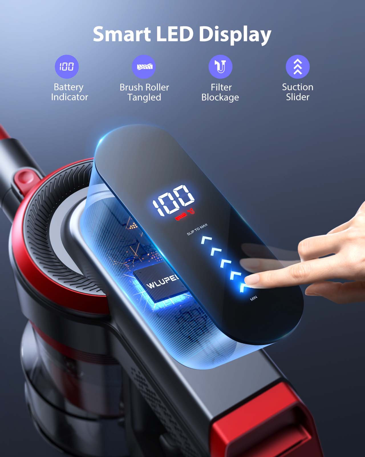 Wlupel H8S Cordless Vacuum Cleaner, 38Kpa 450W Lightweight Stick Vacuum Cleaner, 55 mins Runtime, LED Touch Screen for Pet Hair Carpet Floors