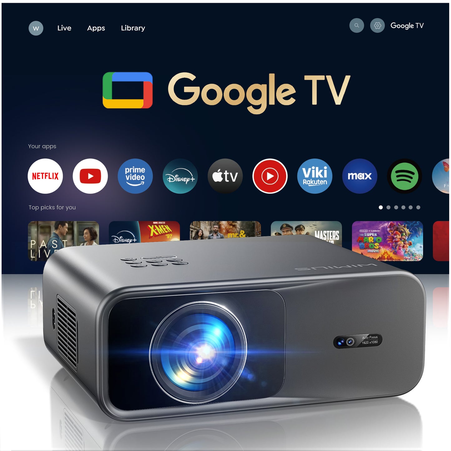 WiMiUS 4K Google TV Projector, 400 Lumens, Dolby Audio, Auto Focus, Auto Keystone Correction and Smart Screen Alignment