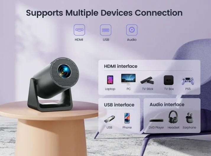[Built-in Apps] Mini Projector with WiFi6 & Bluetooth, Auto Keystone, 1080P Support, 300 ANSI, 270° Rotatable Stand, Portable for Home Outdoor