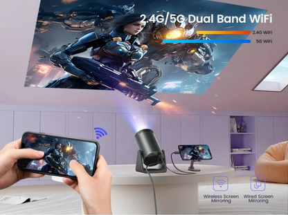 [Built-in Apps] Mini Projector with WiFi6 & Bluetooth, Auto Keystone, 1080P Support, 300 ANSI, 270° Rotatable Stand, Portable for Home Outdoor