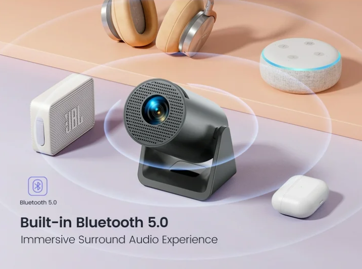 [Built-in Apps] Mini Projector with WiFi6 & Bluetooth, Auto Keystone, 1080P Support, 300 ANSI, 270° Rotatable Stand, Portable for Home Outdoor