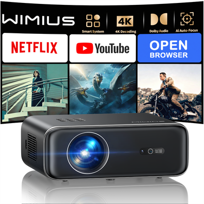 WiMiUS Smart Projector with Licensed Netflix, Native 1080P 4K Supported, 600 ANSI Lumen, Dolby Audio Dual Speakers, Auto Focus and Keystone, Home Theater Projector with WiFi and Bluetooth