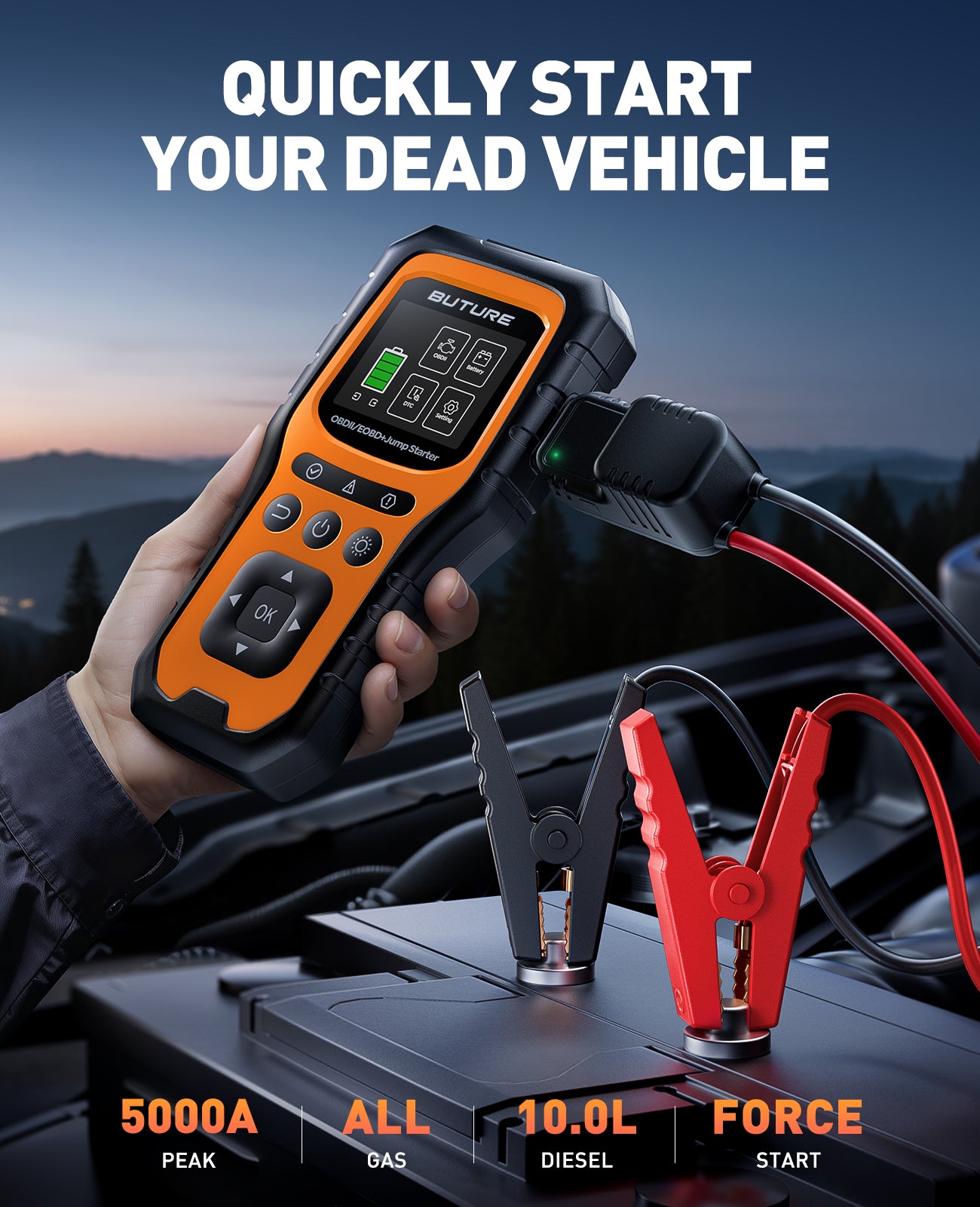 BUTURE 5000A Car Jump Starter with OBD II Scanner, 12V Portable Car Battery Booster for All Gas / 10.0L Diesel Engines