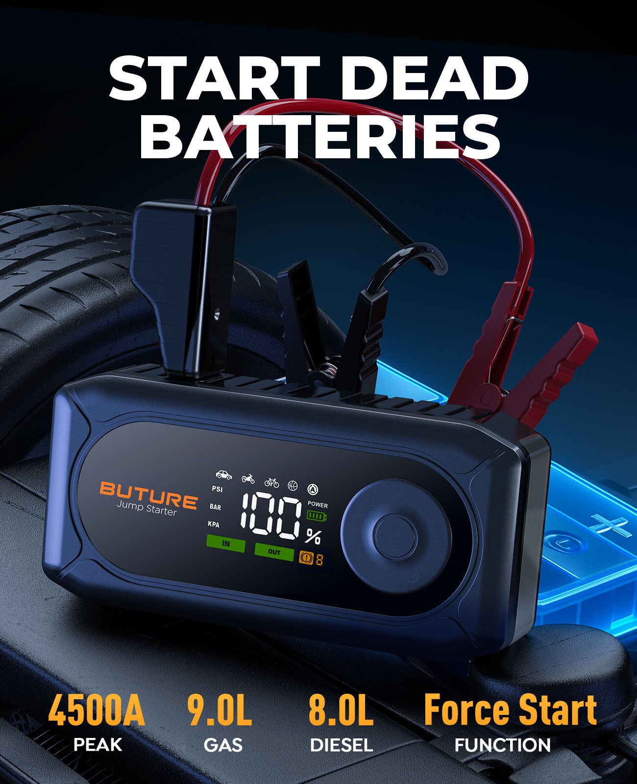 BUTURE BC02 Car Jump Starter with Air Compressor, 12V Battery Booster, Jump Box for 9.0L Gas/8.0L Diesel, 150PSI Digital Tire Inflator, Power Bank