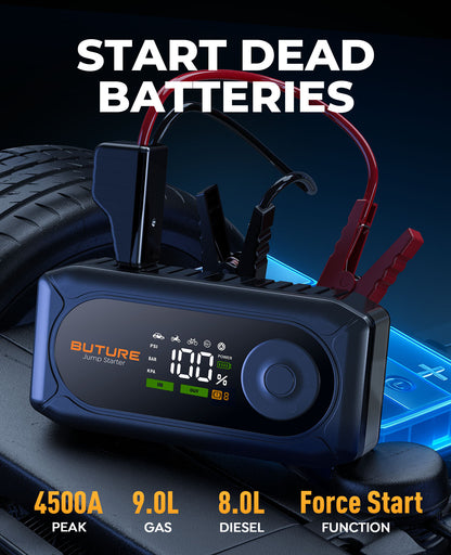 BUTURE BC02 Car Jump Starter with Air Compressor, 12V Battery Booster, Jump Box for 9.0L Gas/8.0L Diesel, 150PSI Digital Tire Inflator, Power Bank