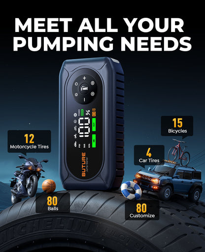 BUTURE BC02 Car Jump Starter with Air Compressor, 12V Battery Booster, Jump Box for 9.0L Gas/8.0L Diesel, 150PSI Digital Tire Inflator, Power Bank