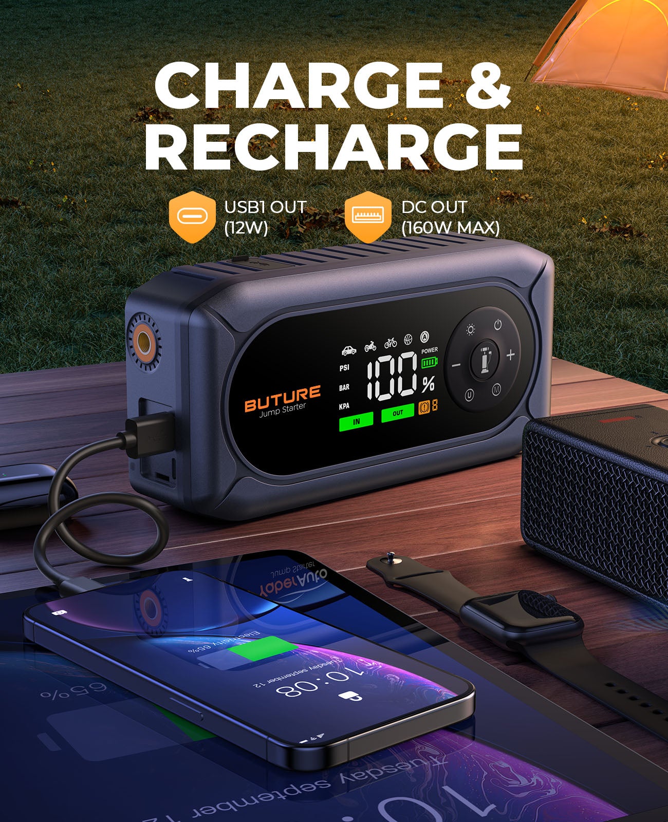 BUTURE BC02 Car Jump Starter with Air Compressor, 12V Battery Booster, Jump Box for 9.0L Gas/8.0L Diesel, 150PSI Digital Tire Inflator, Power Bank