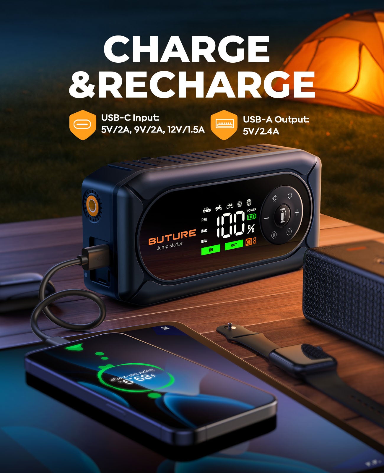 Car jump starter 5000A 26800mAh(All Gas/10L Diesel) Powerful Portable Jump Box with Fast Charge, Extended Cables, and Lights