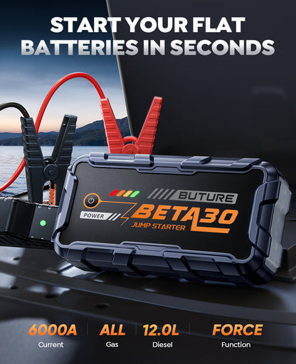 BUTURE 6000A Jump Starter, 26800mAh Portable Car Battery Booster for All Gas & 12L Diesel, 800LM LED Light, 18W Fast Charge Power Bank with Heavy Duty Jumper Cables