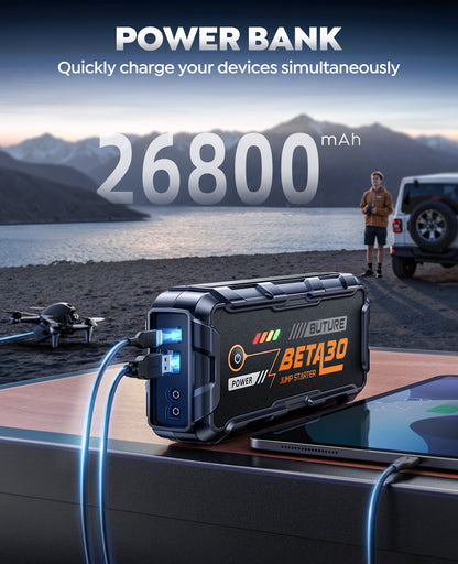 BUTURE 6000A Jump Starter, 26800mAh Portable Car Battery Booster for All Gas & 12L Diesel, 800LM LED Light, 18W Fast Charge Power Bank with Heavy Duty Jumper Cables