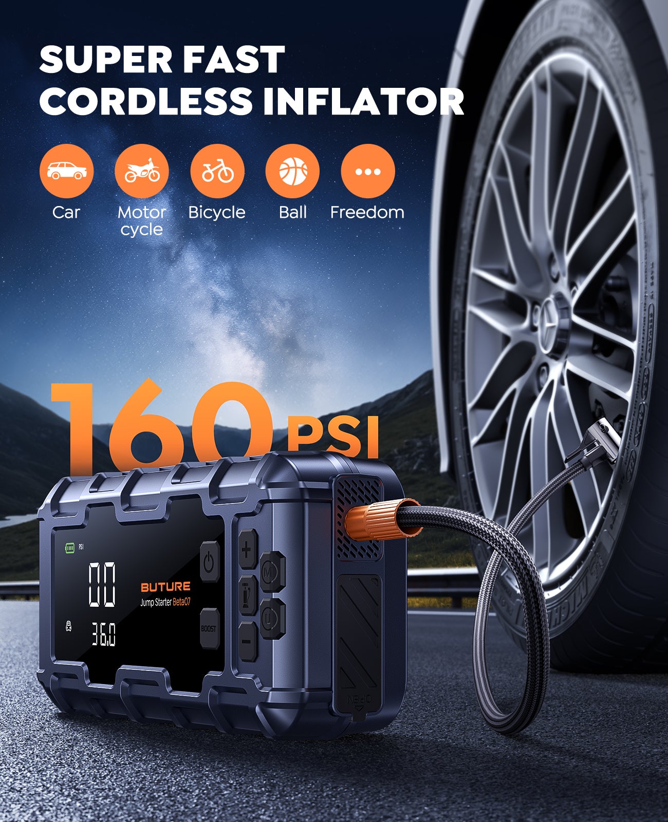 BUTURE 6000A Car Jump Starter with Air Compressor 160 PSI, 45W Charging Battery Booster