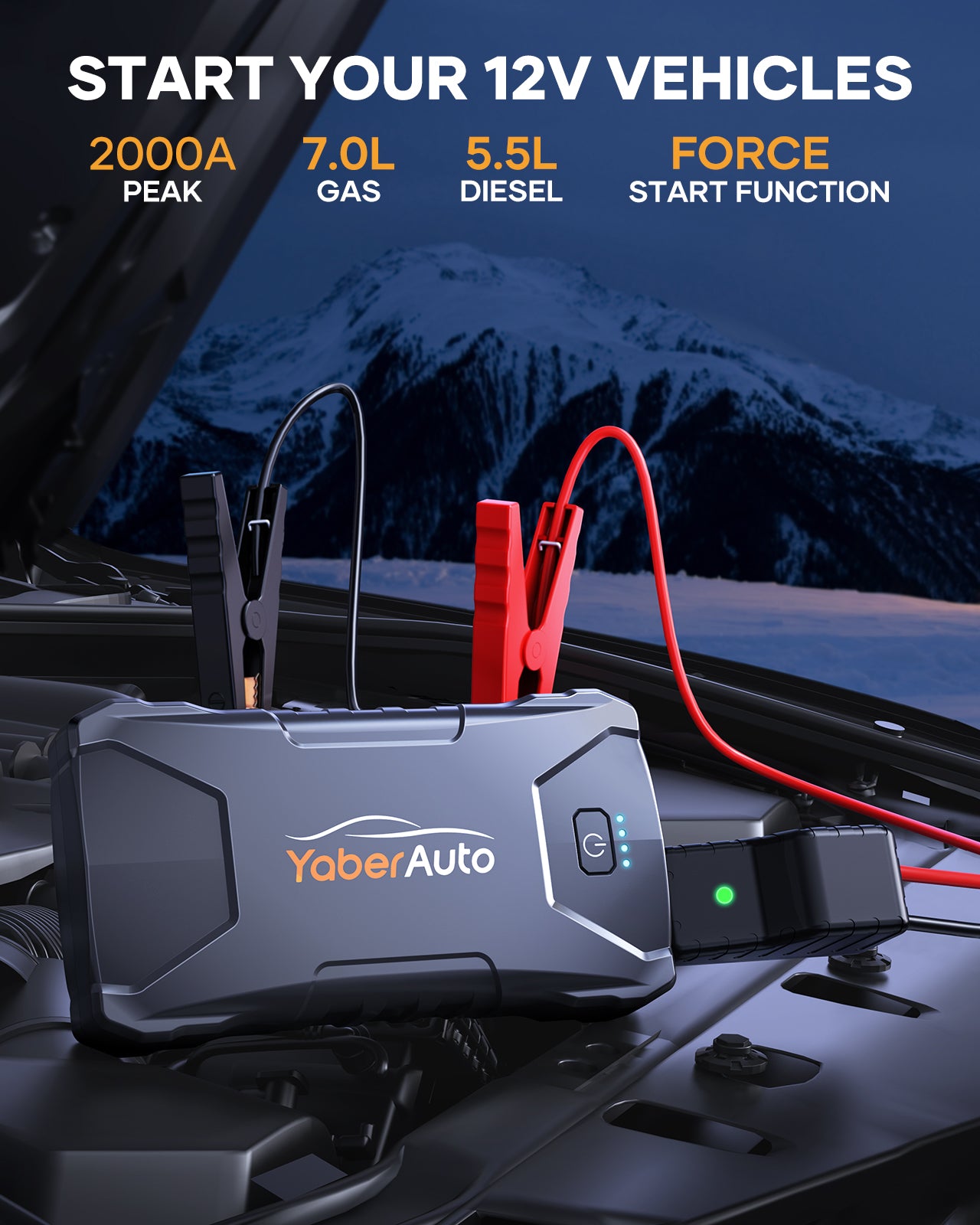 YaberAuto 2000A Car Jump Starter, 12V Portable Jump Starter Battery Pack for 7.0L Gas/5.5L Diesel, Battery Booster with Safety Jumper Cables, USB Quick Charge & LED Light