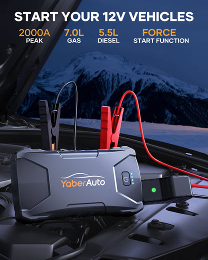YaberAuto 2000A Car Jump Starter, 12V Portable Jump Starter Battery Pack for 7.0L Gas/5.5L Diesel, Battery Booster with Safety Jumper Cables, USB Quick Charge & LED Light