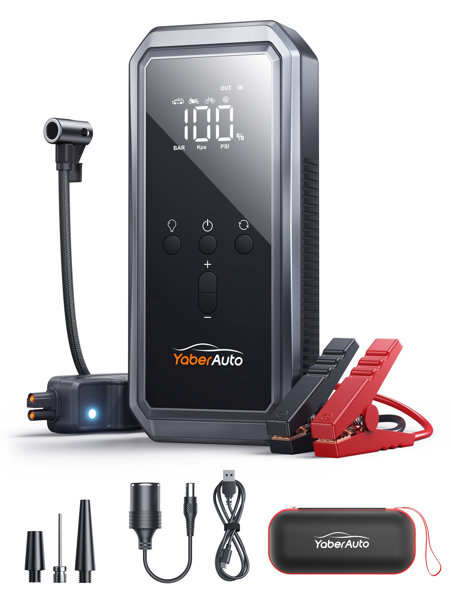 YaberAuto 3000A Peak Car Jump Starter, 21800mAh Portable Battery Booster with 150PSI Air Compressor, 12V Jump Box for 9.0L Gas/8.0L Diesel, LCD Display & LED Light