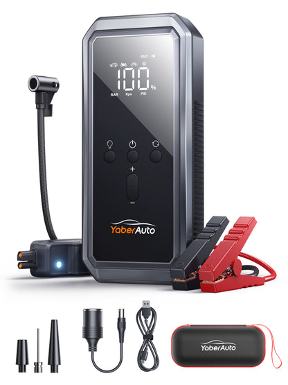 YaberAuto 3000A Peak Car Jump Starter, 21800mAh Portable Battery Booster with 150PSI Air Compressor, 12V Jump Box for 9.0L Gas/8.0L Diesel, LCD Display & LED Light